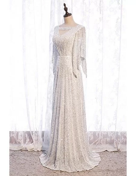 Goddess Bling White Sequins Evening Dress with Dolman Sleeves