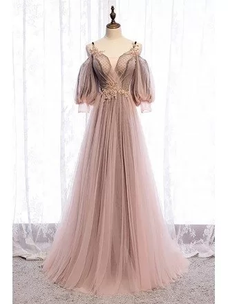 Fairy Cold Shoulder Sleeved Long Tulle Prom Dress with Straps