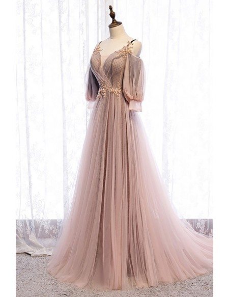 Fairy Cold Shoulder Sleeved Long Tulle Prom Dress with Straps MX16016 ...