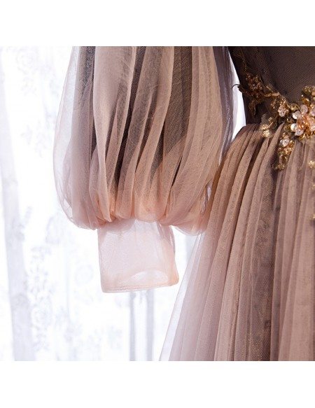 Fairy Cold Shoulder Sleeved Long Tulle Prom Dress with Straps