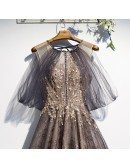 Dusty Purple Bling Sequins Prom Dress Round Neck with Tulle