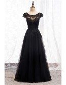 Formal Long Black Prom Dress Sequined Round Neck with Appliques