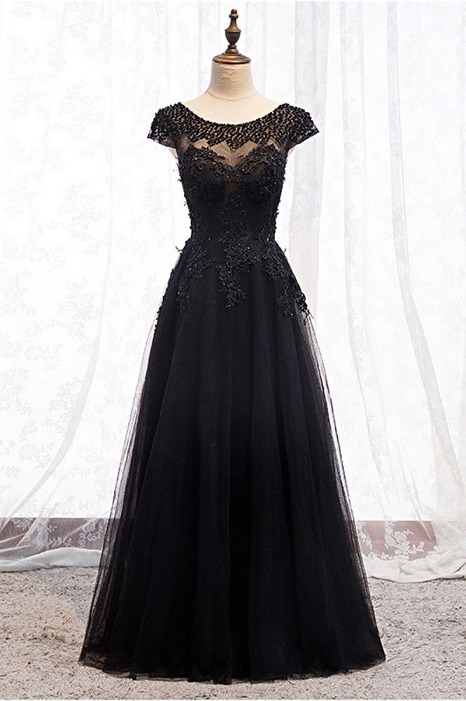 Formal Long Black Prom Dress Sequined Round Neck with Appliques MX16075 ...