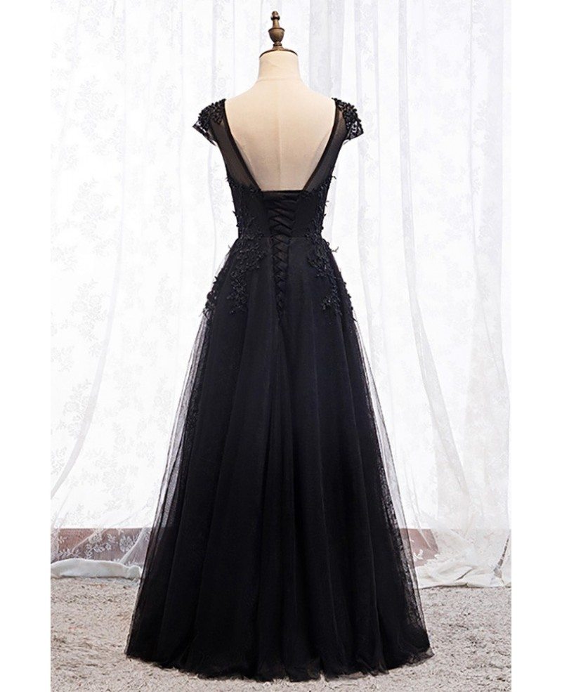 Formal Long Black Prom Dress Sequined Round Neck with Appliques MX16075 ...