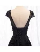Formal Long Black Prom Dress Sequined Round Neck with Appliques