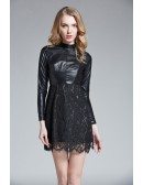 Chic Black Leather Lace Mini Weddding Guest Dress With Long Sleeves