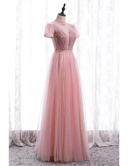 Gorgeous Pink Tulle Vneck Prom Dress with High Neck Short Sleeves