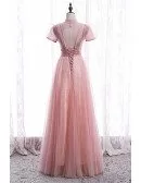 Gorgeous Pink Tulle Vneck Prom Dress with High Neck Short Sleeves