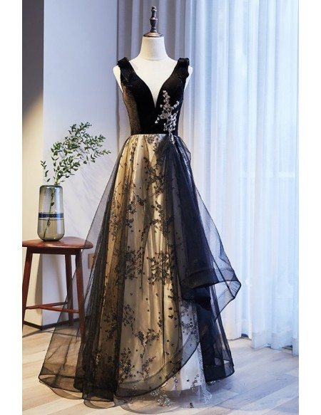 Vneck Black Ruffled Tulle Prom Dress with Sequined Pattern