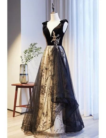 Vneck Black Ruffled Tulle Prom Dress with Sequined Pattern
