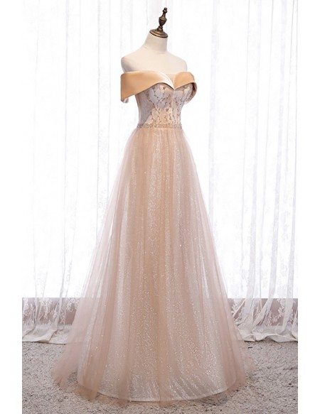 Bling Champagne Tulle Off Shoulder Prom Dress with Beaded Pattern