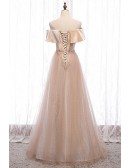 Bling Champagne Tulle Off Shoulder Prom Dress with Beaded Pattern