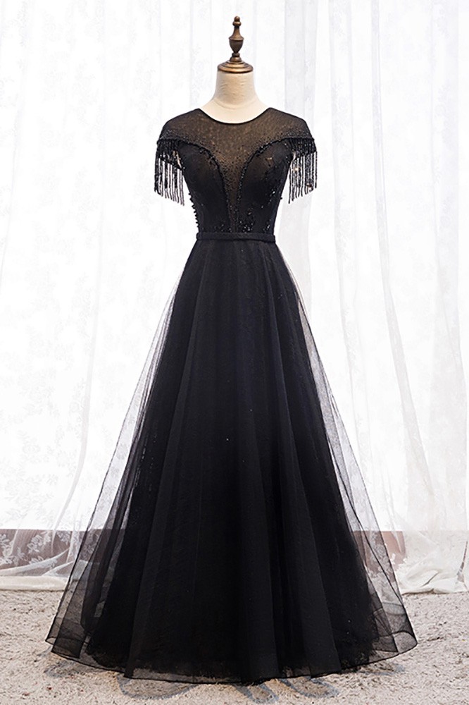 Formal Long Black Evening Dress with Illusion Neckline Beadings MX16080 ...