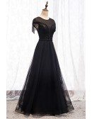 Formal Long Black Evening Dress with Illusion Neckline Beadings