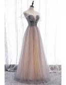 Elegant Grey Bling Tulle Prom Dress Illusion Round Neck with Little Stars