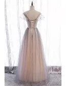 Elegant Grey Bling Tulle Prom Dress Illusion Round Neck with Little Stars