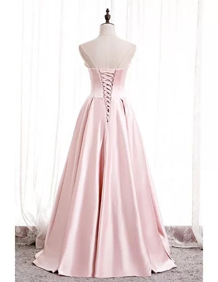 Strapless Pleated Pink Satin Formal Dress with Beadings