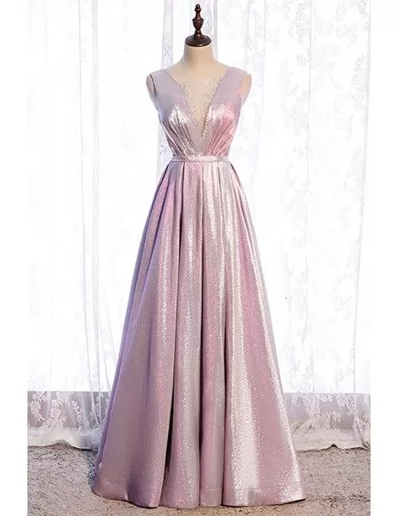 Special Metallic Pink Pleated Prom Dress Vneck with Beadings