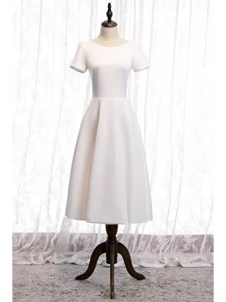 Modest Simple White Tea Length Party Dress with Short Sleeves
