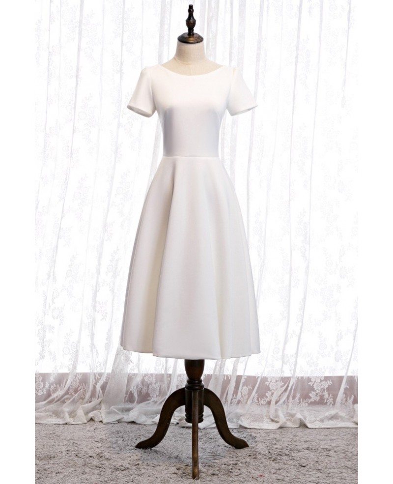 Modest Simple White Tea Length Party Dress with Short Sleeves MX16130 ...