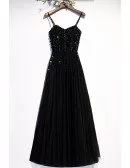 Slim Long Black Aline Party Dress Sequined with Spaghetti Straps