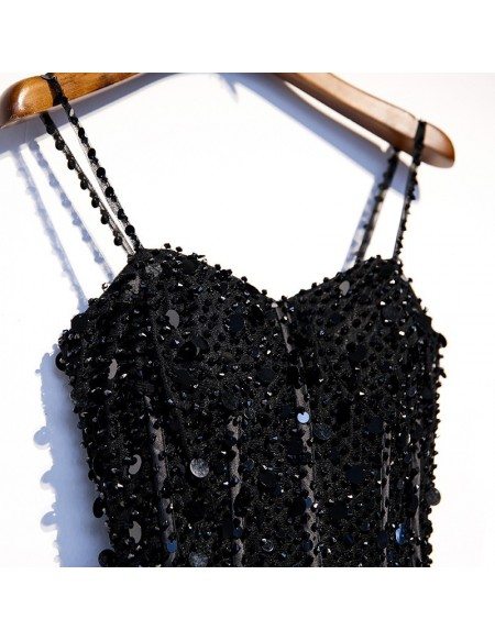 Slim Long Black Aline Party Dress Sequined with Spaghetti Straps
