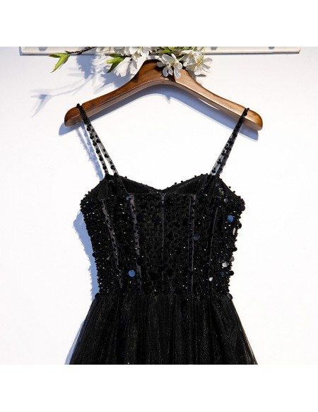 Slim Long Black Aline Party Dress Sequined with Spaghetti Straps ...