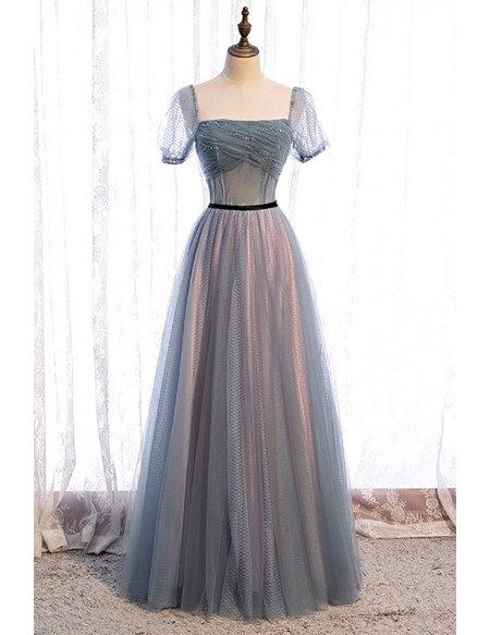 Dusty Square Neckline Aline Tulle Prom Dress with Sleeves
