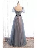 Dusty Square Neckline Aline Tulle Prom Dress with Sleeves