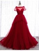 Bling Tulle Burgundy Formal Dress Ballgown with Short Sleeves
