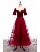 Velvet with Tulle Aline Burgundy Party Dress with Sleeves