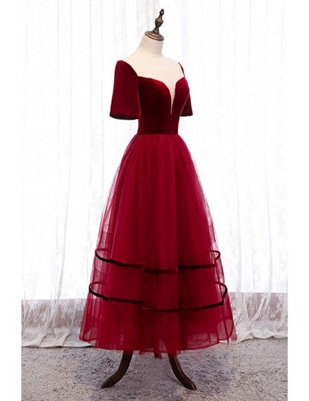 Velvet with Tulle Aline Burgundy Party Dress with Sleeves