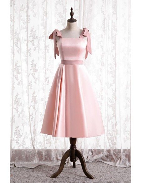 Simple Cute Pink Satin Tea Length Hoco Party Dress with Strappy Straps ...