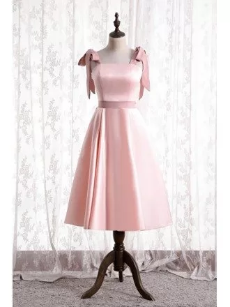 Simple Cute Pink Satin Tea Length Hoco Party Dress with Strappy Straps