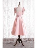 Simple Cute Pink Satin Tea Length Hoco Party Dress with Strappy Straps