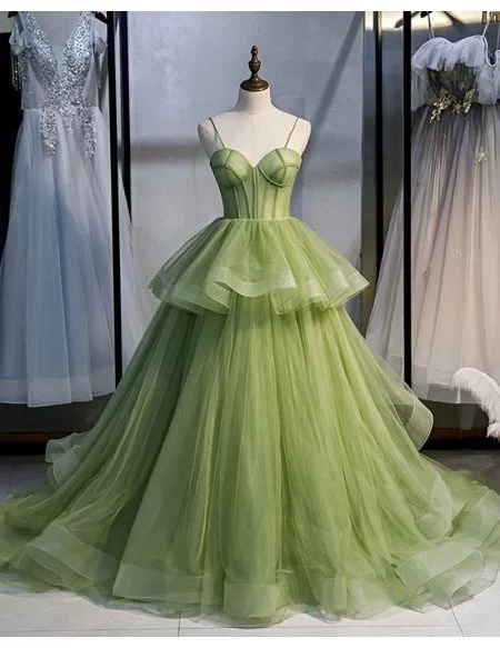 Stunning Ruffled Tulle Green Corset Prom Dress with Straps Long Train