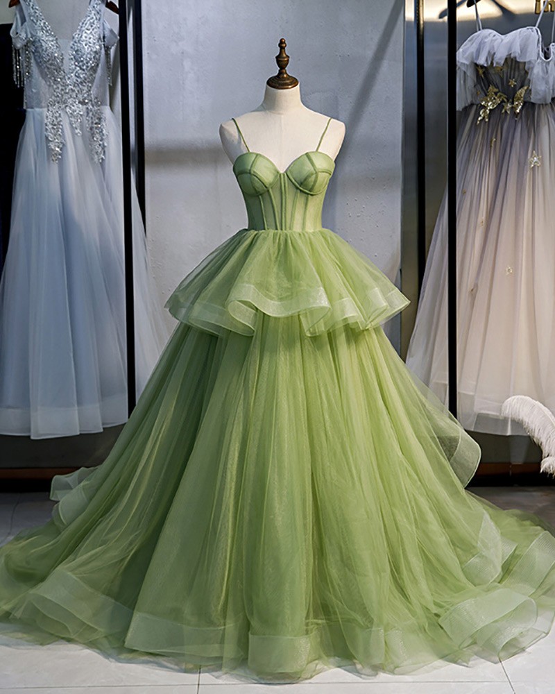 Stunning Ruffled Tulle Green Corset Prom Dress with Straps Long Train