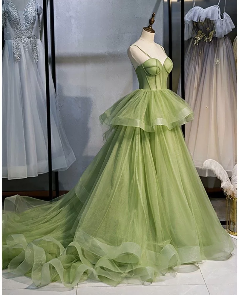 Stunning Ruffled Tulle Green Corset Prom Dress with Straps Long Train ...