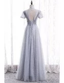 Elegant Grey High Neck Beaded Prom Dress with Short Sleeves