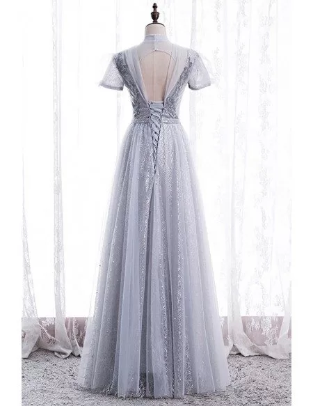 Elegant Grey High Neck Beaded Prom Dress with Short Sleeves