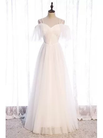 Pretty White Tulle Aline Long Formal Dress with Straps