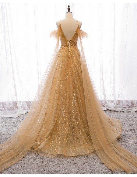 Bling Sequins Gold Formal Prom Dress with Straps Sweep Train