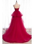 Burgundy Ruffled Tulle Ballgown Prom Dress with Straps Corset Top