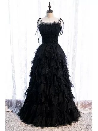 Black Tiered Ruffle Tulle Party Dress with Straps