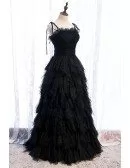 Black Tiered Ruffle Tulle Party Dress with Straps