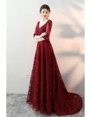 Burgundy Vneck Lace Long Evening Prom Dress with Sheer Half Sleeves