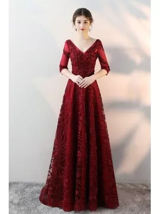 Burgundy Vneck Lace Long Evening Prom Dress with Sheer Half Sleeves