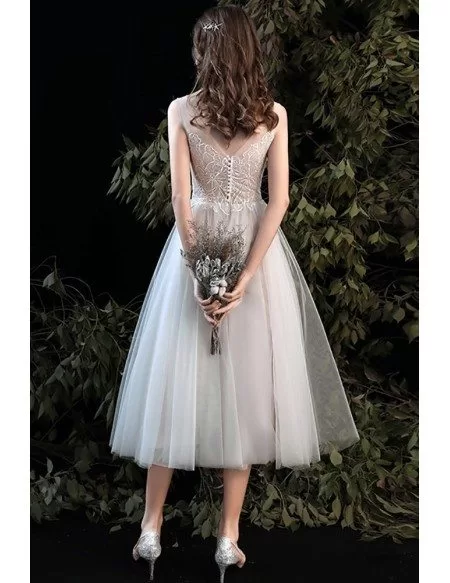 Beautiful Vneck Lace Aline Tea Length Wedding Dress with Open V Back