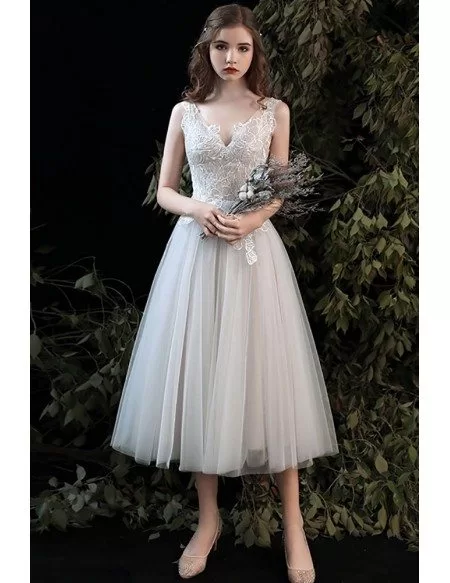 Beautiful Vneck Lace Aline Tea Length Wedding Dress with Open V Back