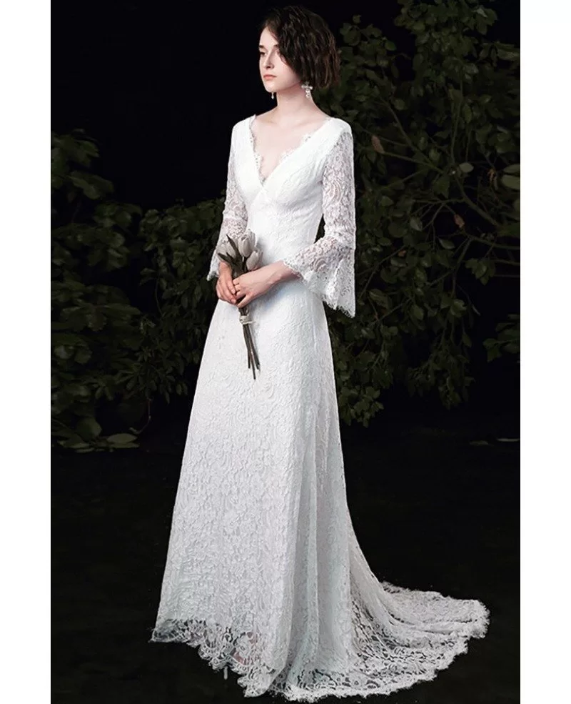 Classy Vneck Lace Simple Wedding Dress With Lace Bell Sleeves G78024 GemGrace